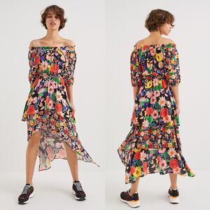 NWT Desigual Multicolor Off-Shoulder Tiered Floral Hi-Lo Dress Size L